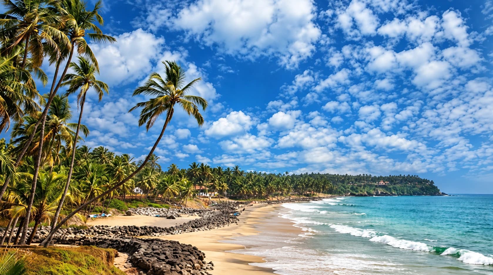 A palm-fringed stretch of Kovalam's coastline with turquoise water and a rocky shore
