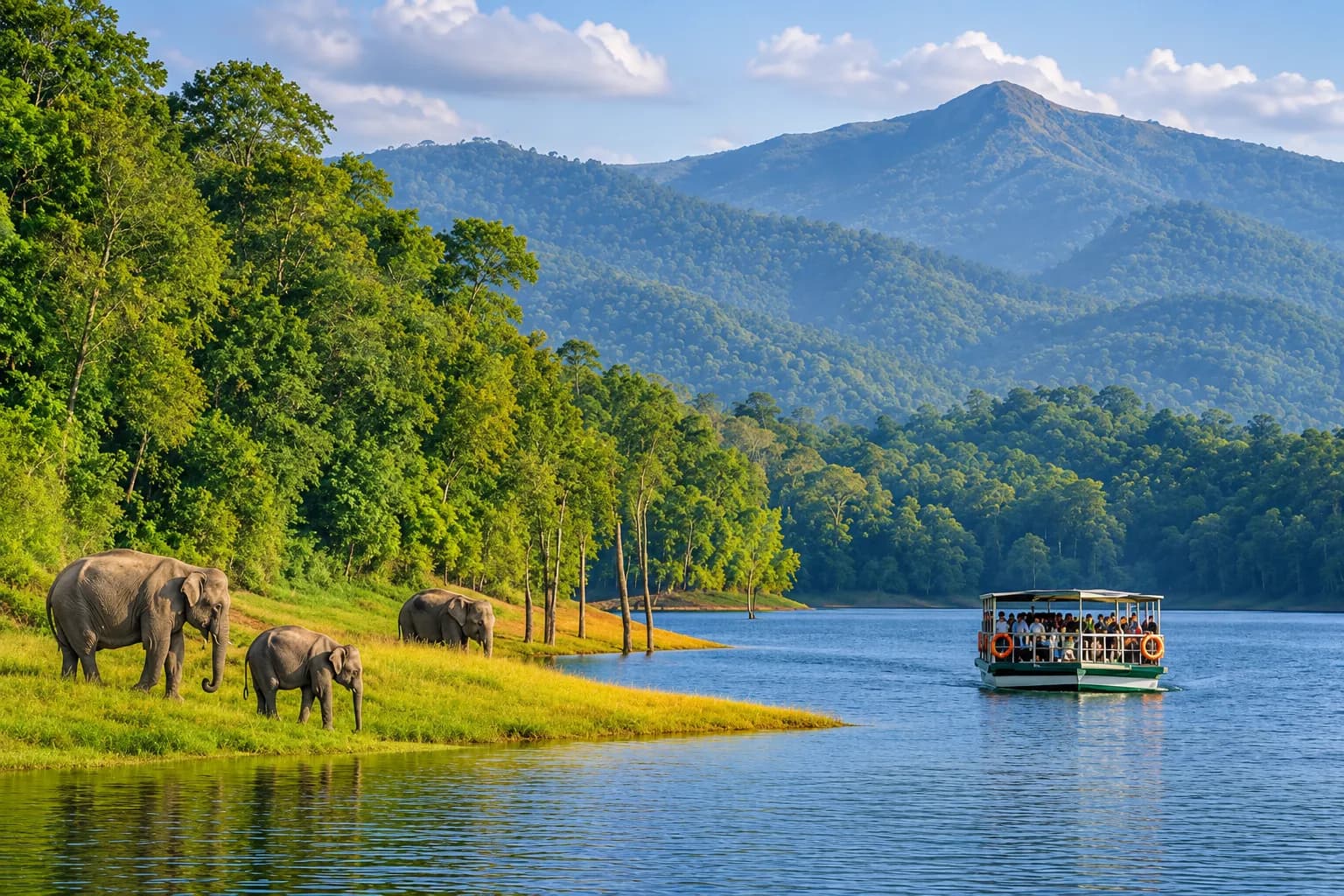 Wild elephants grazing by the shore of Periyar Lake as a safari boat passes by, with the Western Ghats in the background