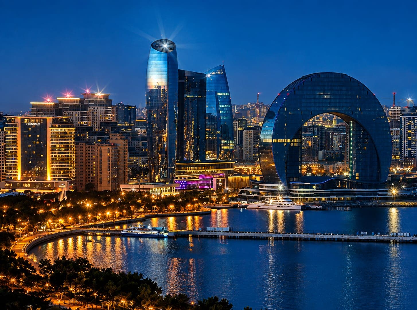 Baku's modern skyline lit up at night, Azerbaijan