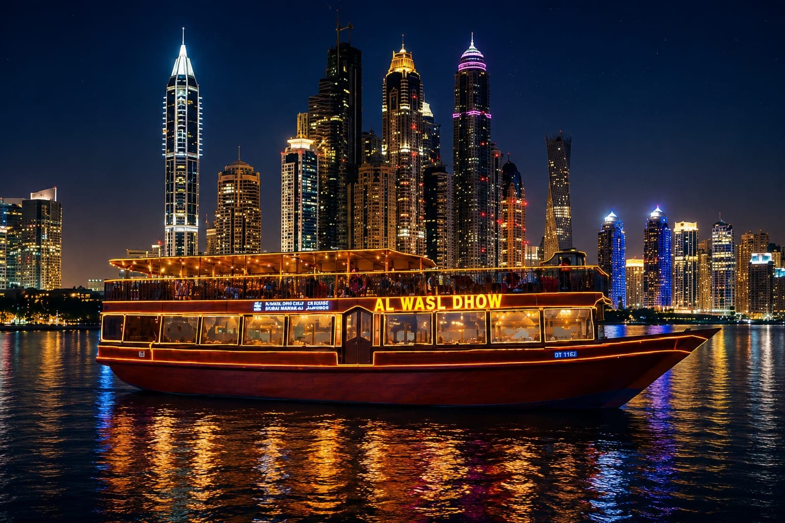 An illuminated dhow cruise boat against the Dubai Marina skyline
