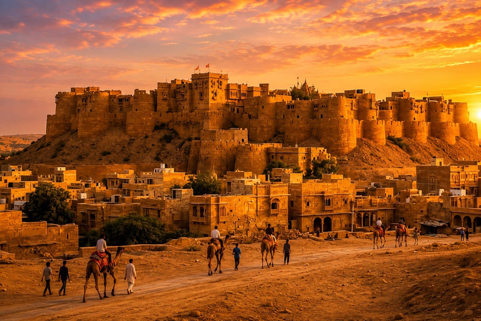 Jaisalmer Fort at sunset with a camel caravan below
