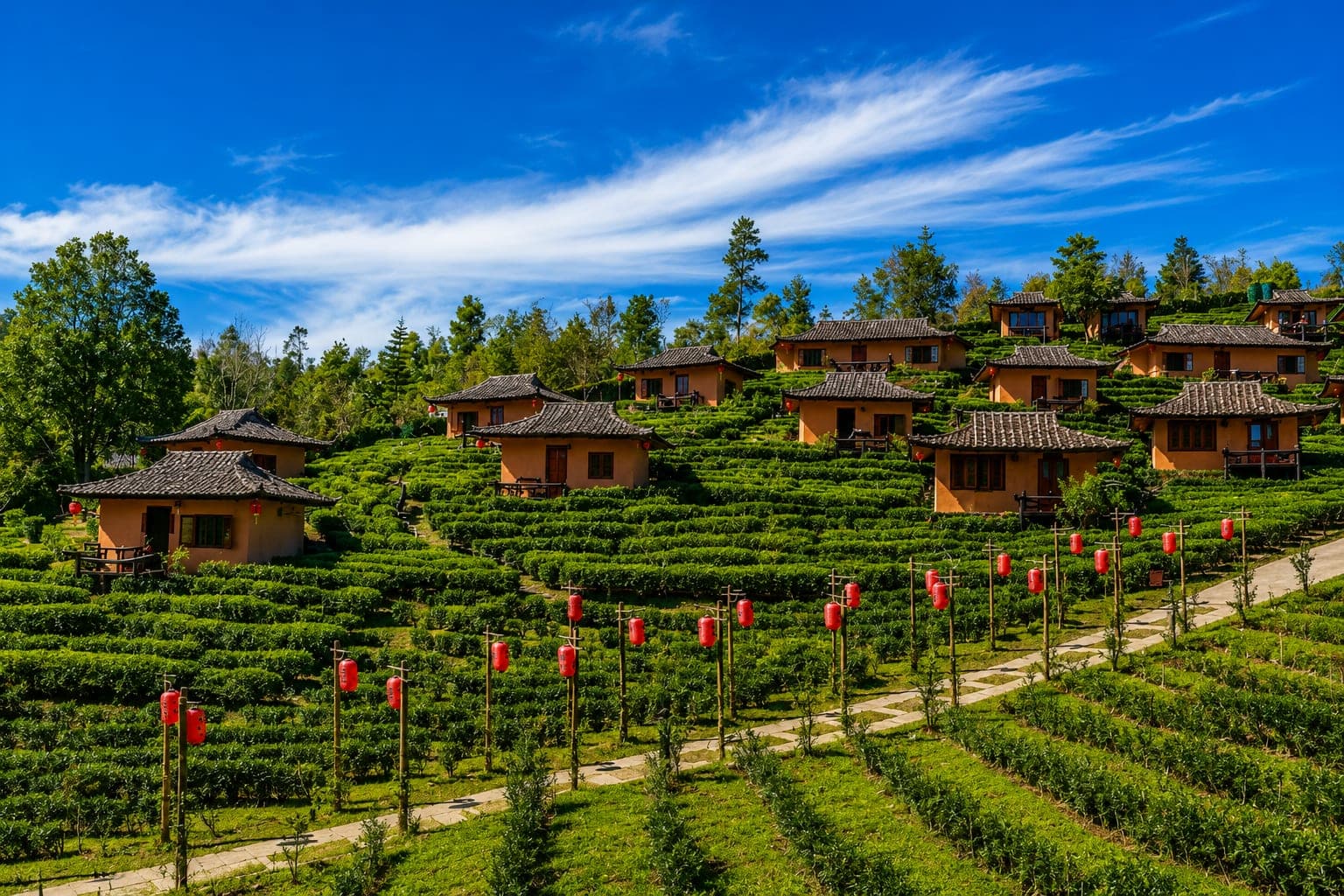 Kausani's tea garden hillside with cottages