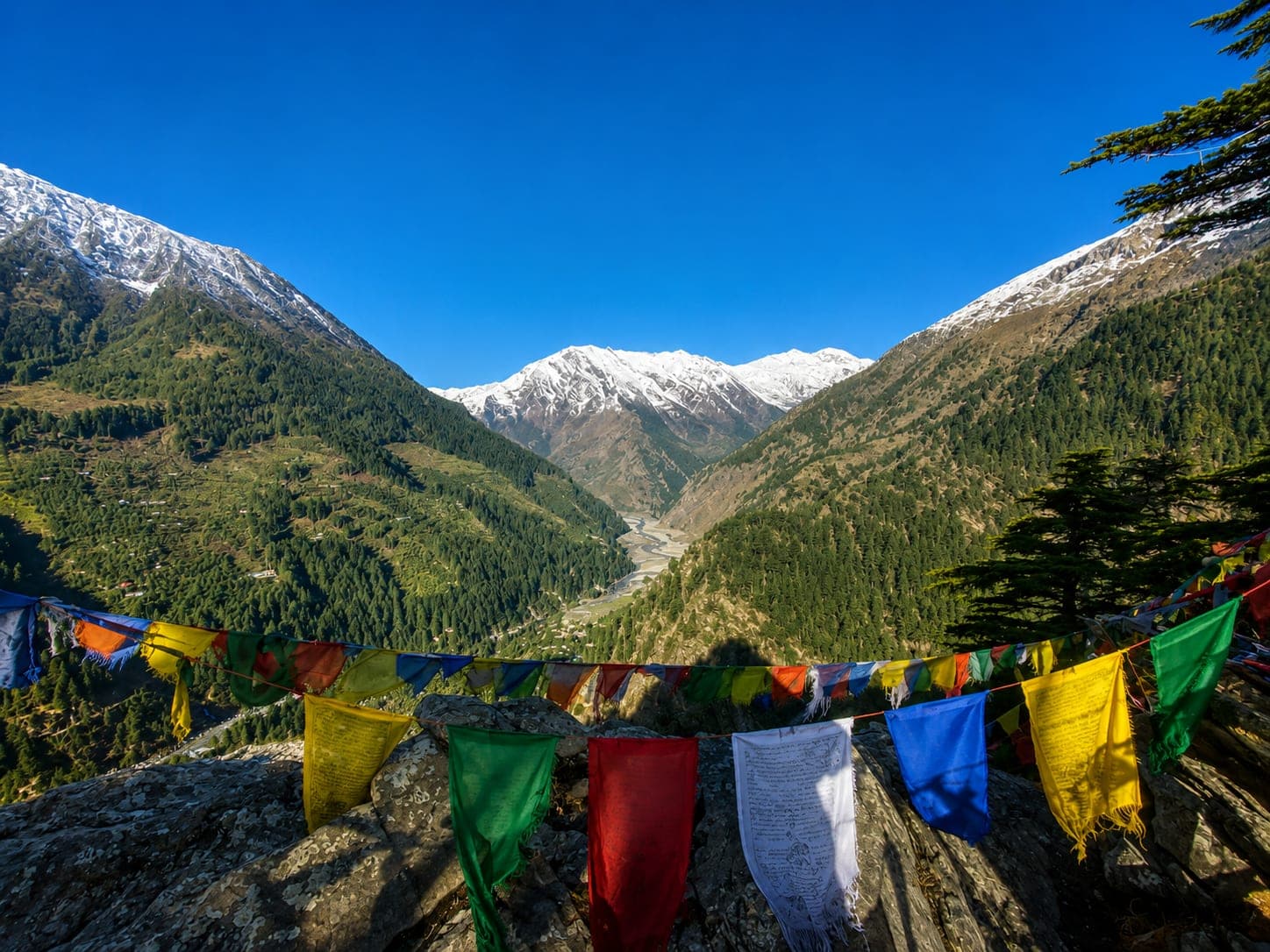 Prayer flags at the Lama Top viewpoint overlooking snow peaks