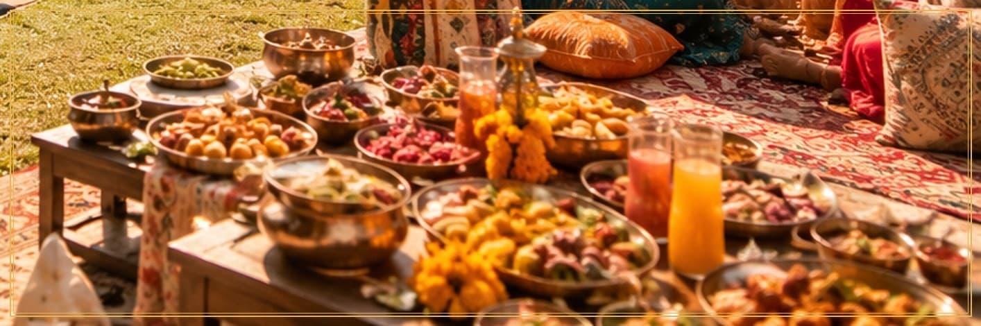 A satvik Pahadi feast spread on a riverside table