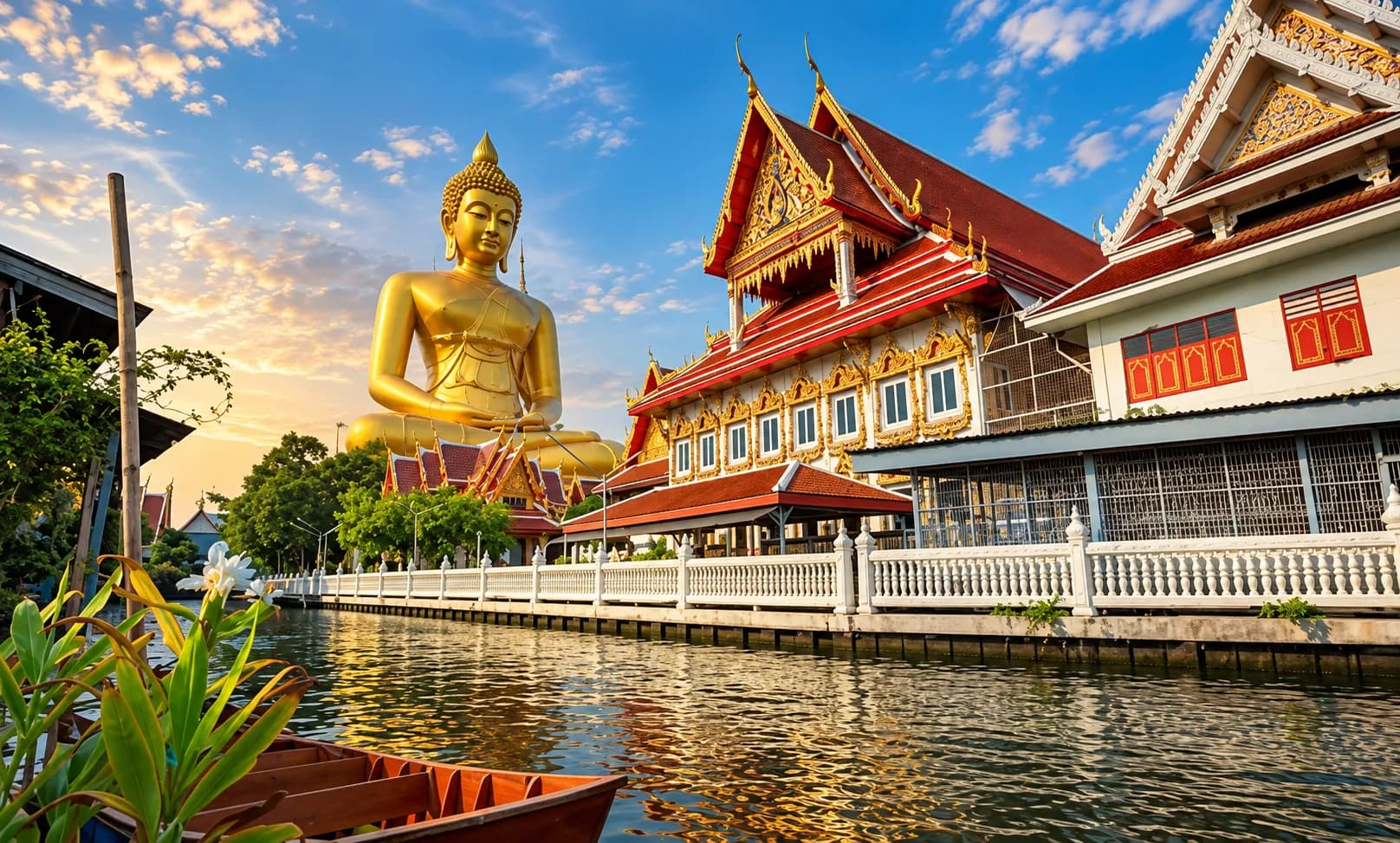 A giant golden Buddha statue beside an ornate riverside temple in Bangkok, with traditional wooden boats on the canal below