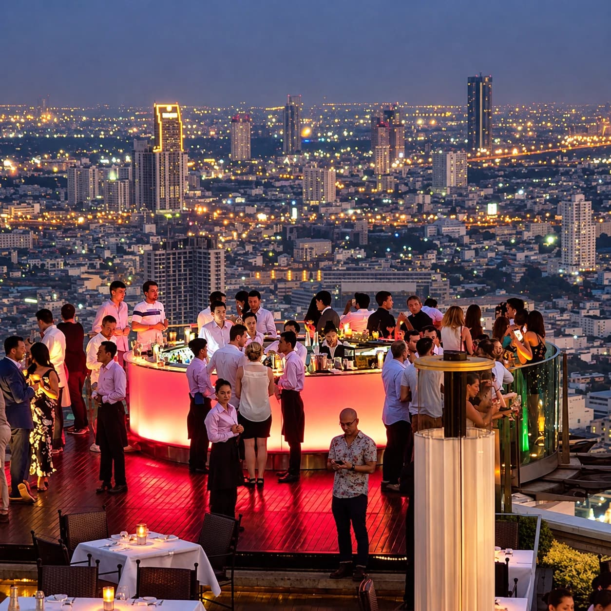 A rooftop bar in Bangkok at dusk, with guests at the curved bar and the illuminated city skyline stretching to the horizon