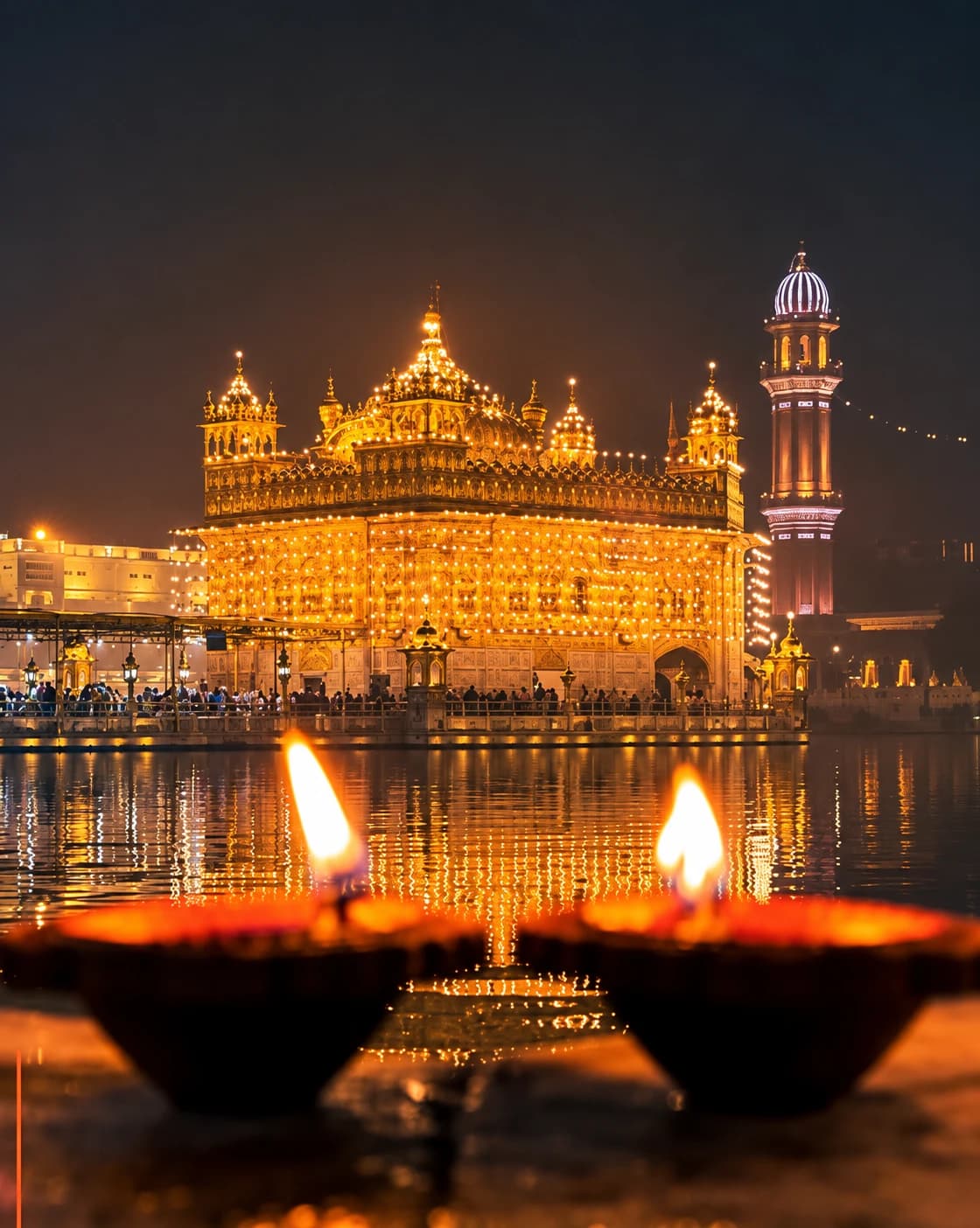 The Golden Temple in Amritsar illuminated at night with floating diyas in the foreground, during the Bandi Chhor Divas and Diwali period