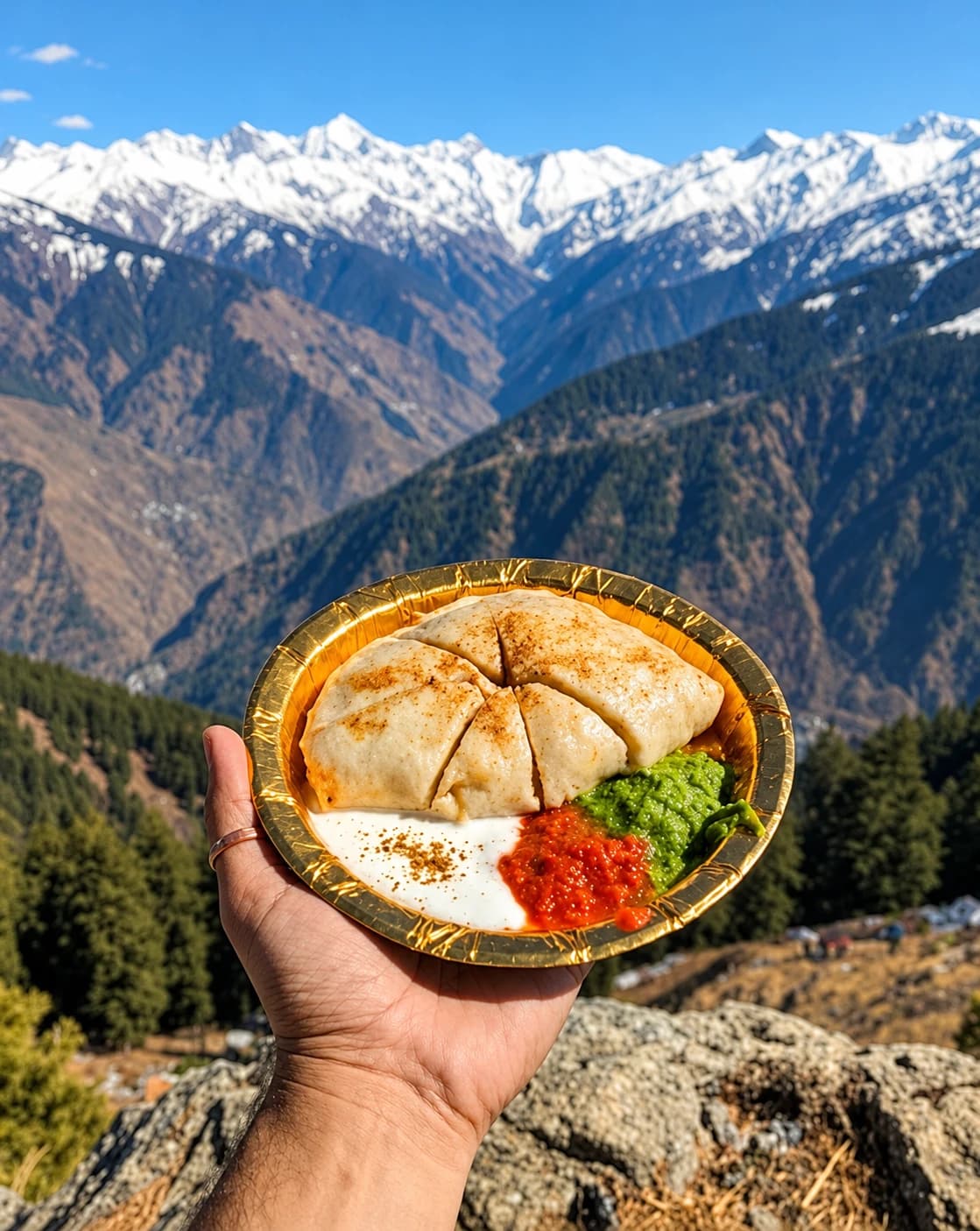 A plate of steamed siddu with chutneys, held up against a backdrop of snow-capped Himalayan peaks