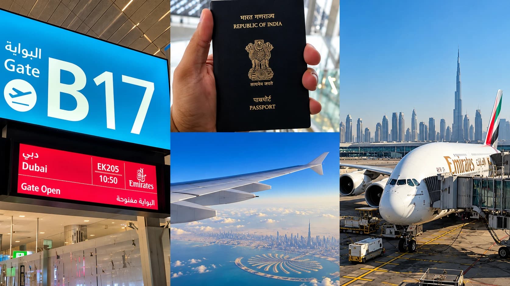 A collage of an Indian passport, an airport departure gate sign for Dubai, and an aerial view from a plane window over the Dubai coastline, evoking a first international trip
