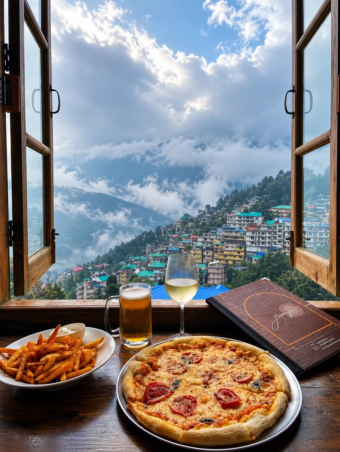 Pizza, fries and drinks on a cafe windowsill overlooking McLeodganj's hillside town through the clouds