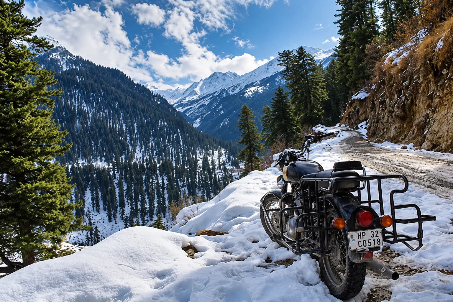 A snow-lined mountain road through pine forest in Himachal Pradesh, with Himalayan peaks beyond