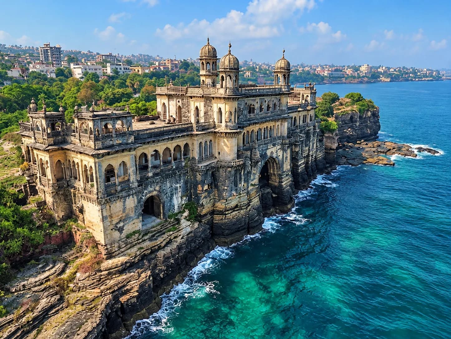 A weathered palace with domed towers perched on a rocky Porbandar coastline above the Arabian Sea