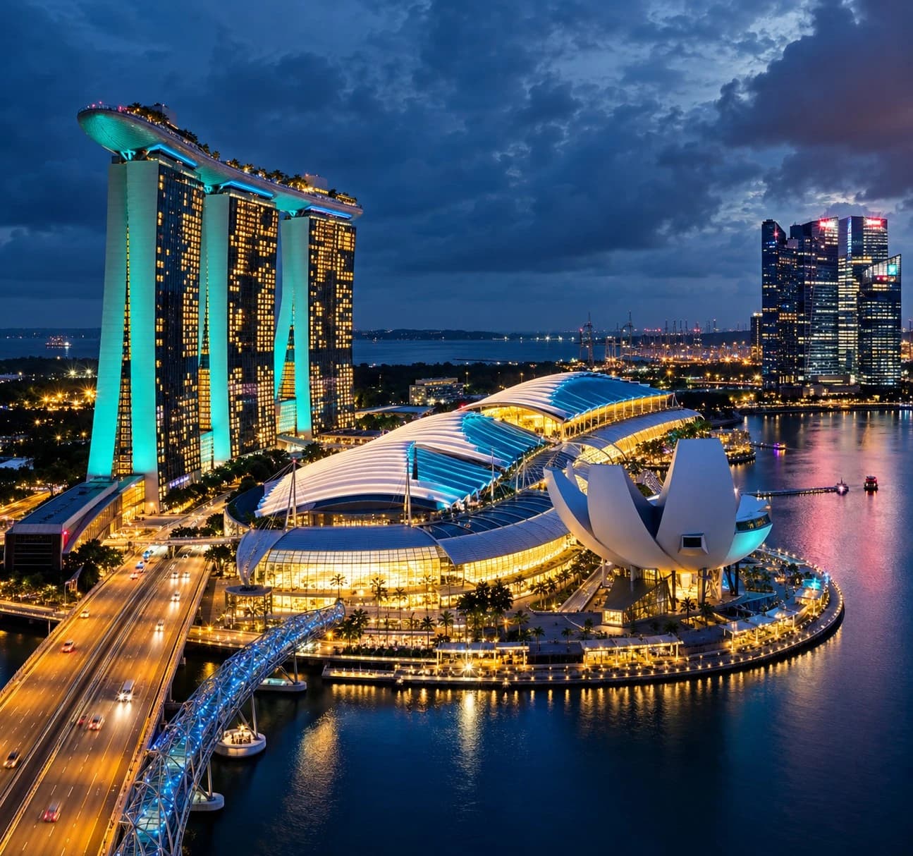 Marina Bay Sands and the ArtScience Museum lit up at night in Singapore