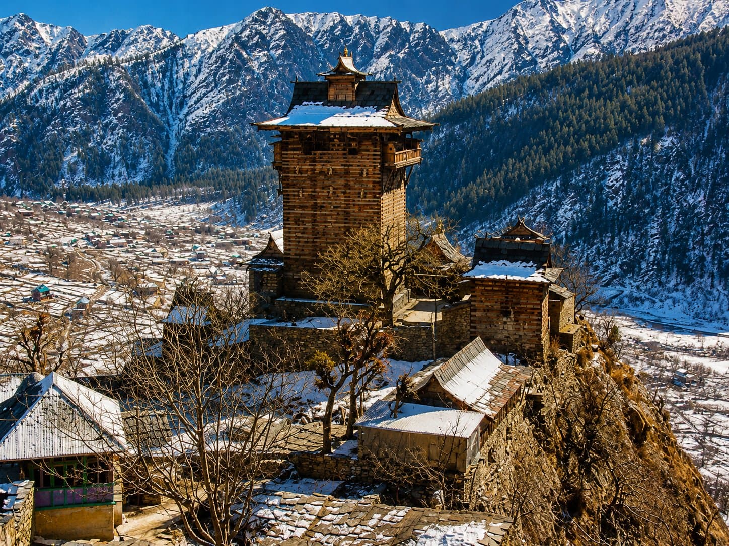 Kamru Fort's wooden tower overlooking the Sangla valley